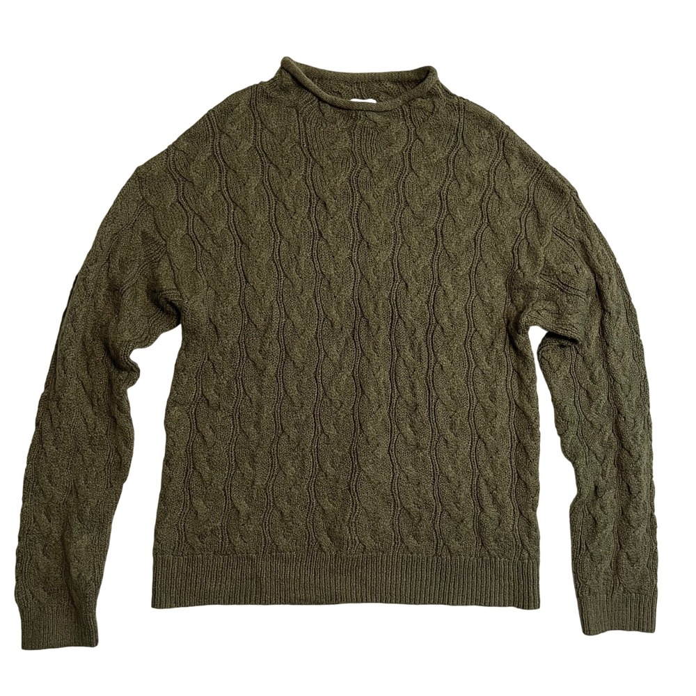 J.Crew Cable Knit Roll Neck Fisherman Sweater Womens L Army Green Classic Preppy